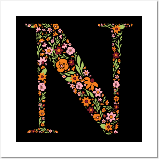 Retro Floral Letter N Posters and Art